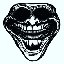 a black and white drawing of a troll face with a big smile