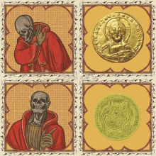 a picture of a skeleton a gold coin and a wow coin