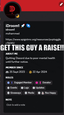 a screenshot of idroom1 's discord profile asking for a raise