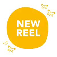 a yellow circle with the words new reel in white letters