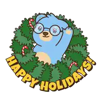 a blue bear wearing glasses is surrounded by a christmas wreath with the words happy holidays written below it
