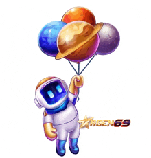 a cartoon astronaut is holding a bunch of planet shaped balloons ..