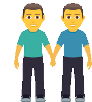 a cartoon of two men holding hands and one is wearing a blue shirt