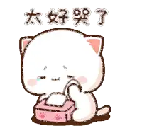 a cartoon cat is crying while holding a pink box of tissues
