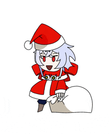 a cartoon of a girl dressed as santa claus holding a bag of gifts