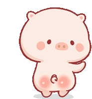 a cartoon pig with red cheeks is standing on a white background and waving .