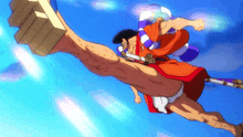 a cartoon of a man flying through the air with his leg up