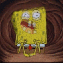 a cartoon of spongebob sitting in a stomach with his mouth open
