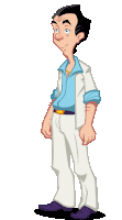 a cartoon drawing of a man in white pants and blue shirt