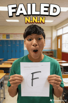 a boy in a green shirt is holding a piece of paper with the letter f on it