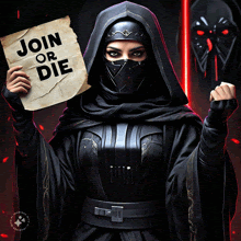 a woman in a hooded robe holds a sign that says join or die