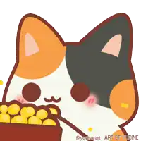 a drawing of a cat eating a bowl of corn says art of yudine