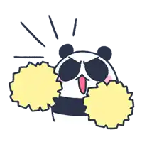 a cartoon panda bear is cheering with yellow pom poms