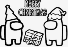 a black and white drawing of two among us characters with a christmas tree and a gift .