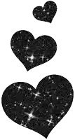 three black glitter hearts are stacked on top of each other on a white background