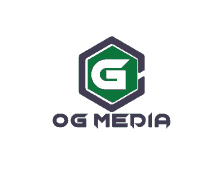 a logo for og media has a green hexagon with a g inside of it