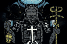 a drawing of a man with a beard holding a cross with ic xc on it