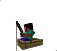 a minecraft character is sitting in a basket holding a sword and fishing rod .