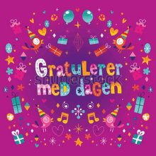 a purple background with the words gratulerer med dagen in the center