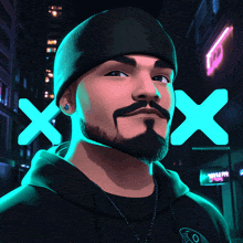 a man with a beard wearing a black beanie and a black hoodie is standing in front of two neon x 's