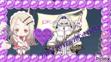 a picture of a girl with a purple heart and a man with a chain around his neck