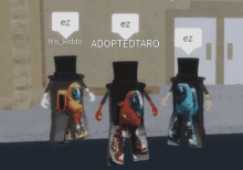 three among us characters wearing top hats are standing next to each other with ez written above them