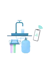 an illustration of a water filter with a phone that says aquasense on it