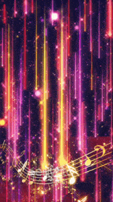 a colorful background with music notes and glowing lines coming out of it