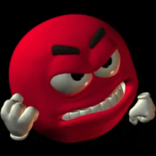a red smiley face with a very angry look on its face