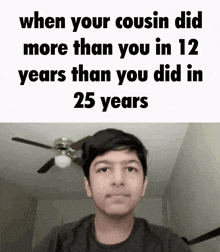 a young boy is looking at the camera with a ceiling fan in the background