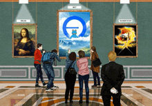 a group of people are looking at a painting with a frog on it