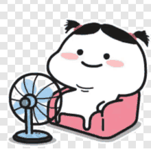 a cartoon girl is sitting on a couch holding a fan .