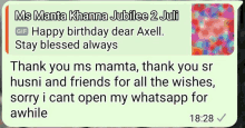 a message from ms manta khanna jubilee 2 juli says happy birthday dear axell