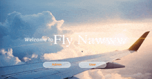 a welcome to fly nawww page with an airplane wing in the sky