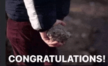 a person is holding a rock in their hands and the words `` congratulations '' are written on the bottom .