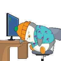 a cartoon penguin is sleeping in front of a computer monitor that says zzz