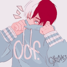 a drawing of a boy wearing a hoodie covering his face with his hands .