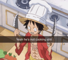 monkey d luffy from one piece is holding two knives and wearing a chef hat