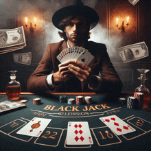 a man sits at a blackjack table holding a deck of playing cards