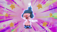 a pink cartoon character with a blue hat is surrounded by stars on a pink background