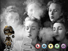 a black and white photo of a woman holding a playing card with lotto balls in the background
