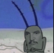 a close up of a cartoon character 's face with a mustache and long horns .