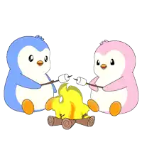 a blue and pink penguin are roasting marshmallows over a campfire
