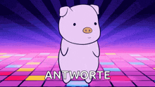 a cartoon pig is dancing on a dance floor and the word antworte is on the bottom of the screen