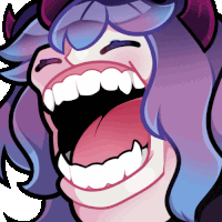 a cartoon drawing of a girl with purple hair laughing