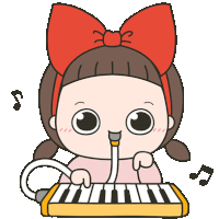 a girl with a red bow on her head is playing a piano