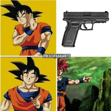 a cartoon of goku pointing at a gun with the caption black-kakarot