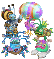 a group of cartoon monsters including a bee and a bird