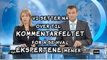 a man and a woman are standing in front of a sign that says vi setter na over til kommentarfeltet