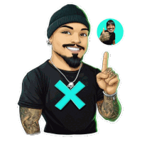 a cartoon of a man wearing a black shirt with a blue cross on it